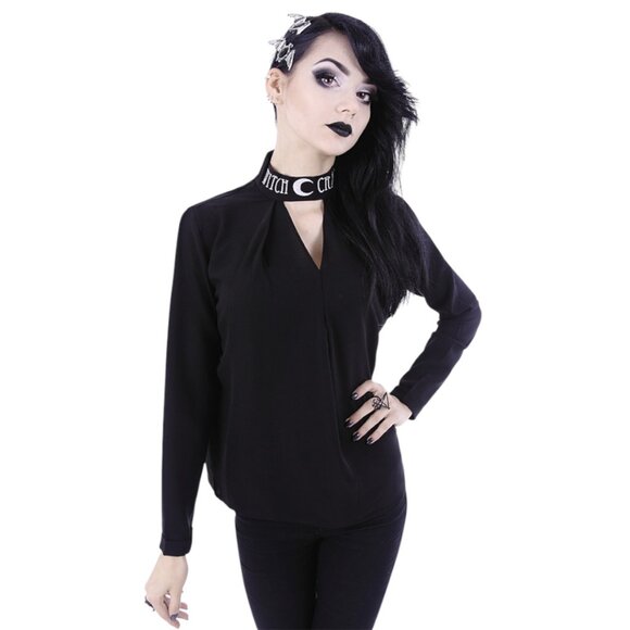 Restyle Tops - Restyle Witchcraft Moon V‑Neck Choker Blouse – Black, Gothic Long Sleeve Top XL